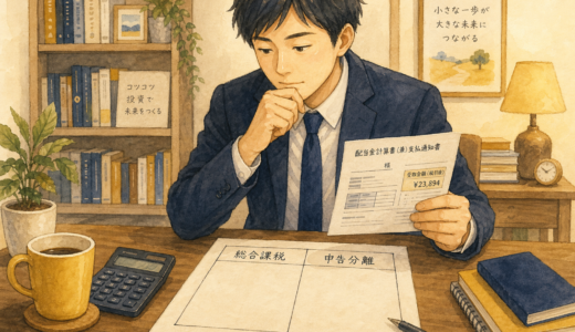 配当金の課税方式を考える会社員のイラスト。机上に配当通知書と確定申告書類が広げられ、総合課税と申告分離の比較表が見える