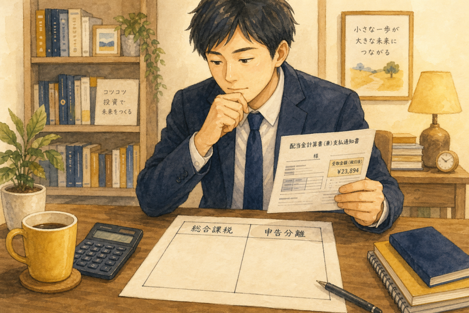 配当金の課税方式を考える会社員のイラスト。机上に配当通知書と確定申告書類が広げられ、総合課税と申告分離の比較表が見える