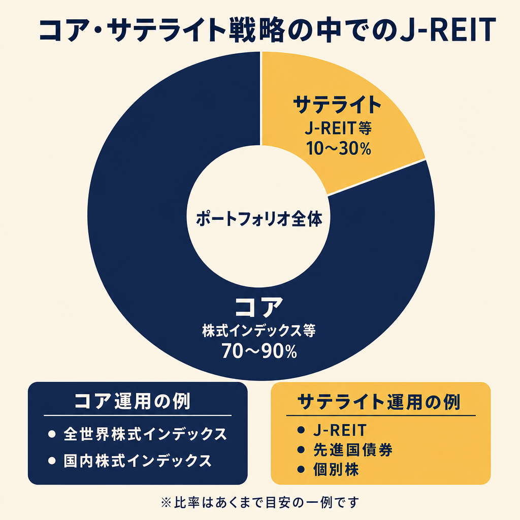 コア・サテライト戦略の中でのJ-REIT位置づけを示すドーナツチャート。コア70〜90%（株式インデックス等）、サテライト10〜30%（J-REIT等）の比率目安