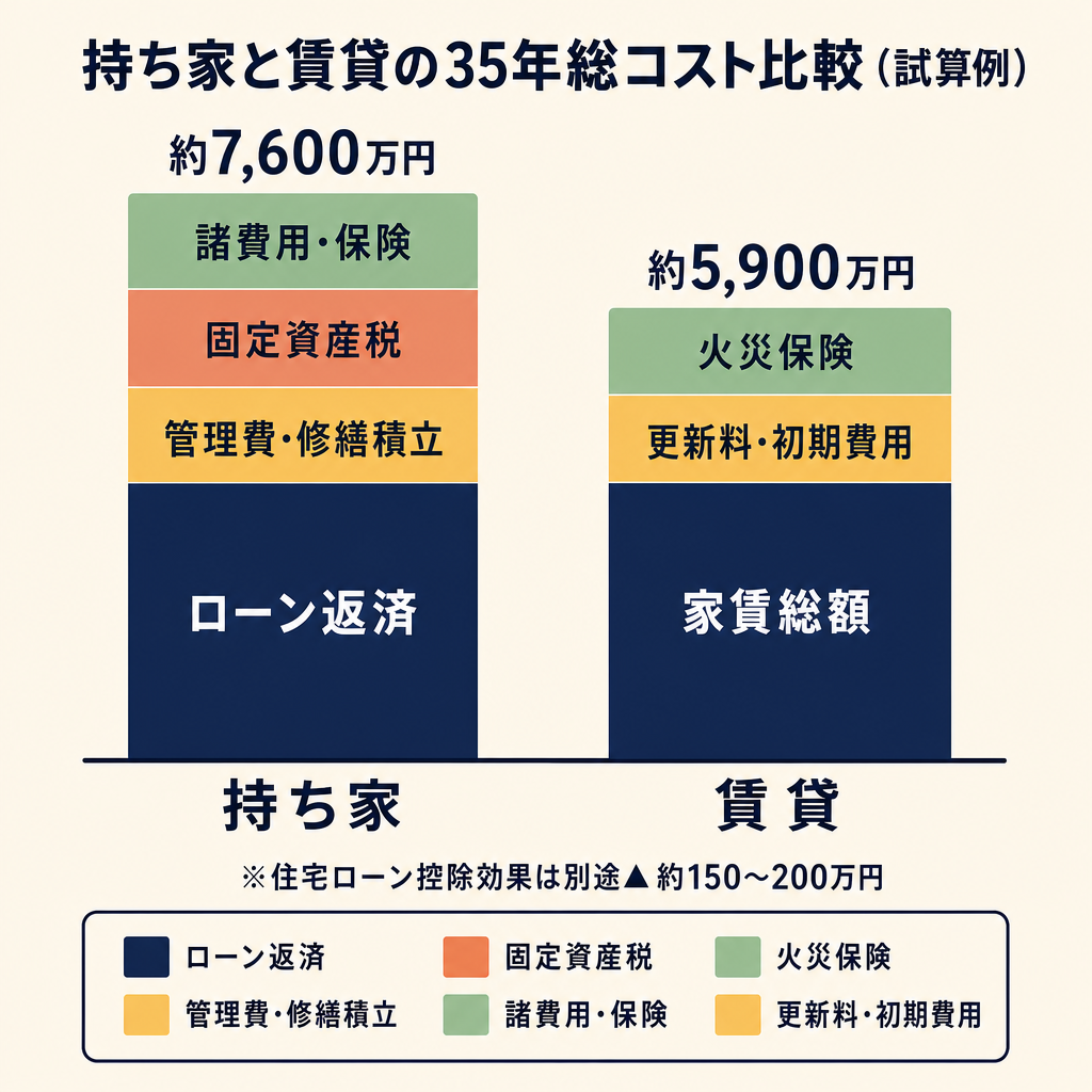 持ち家と賃貸の35年間の総コスト推移グラフ（試算例）