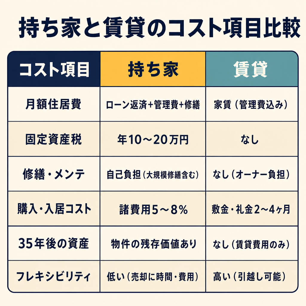 持ち家と賃貸の主なコスト項目比較表