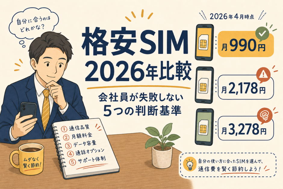 格安SIM料金比較。スマホ料金プランを比べる紺スーツの会社員のイラスト