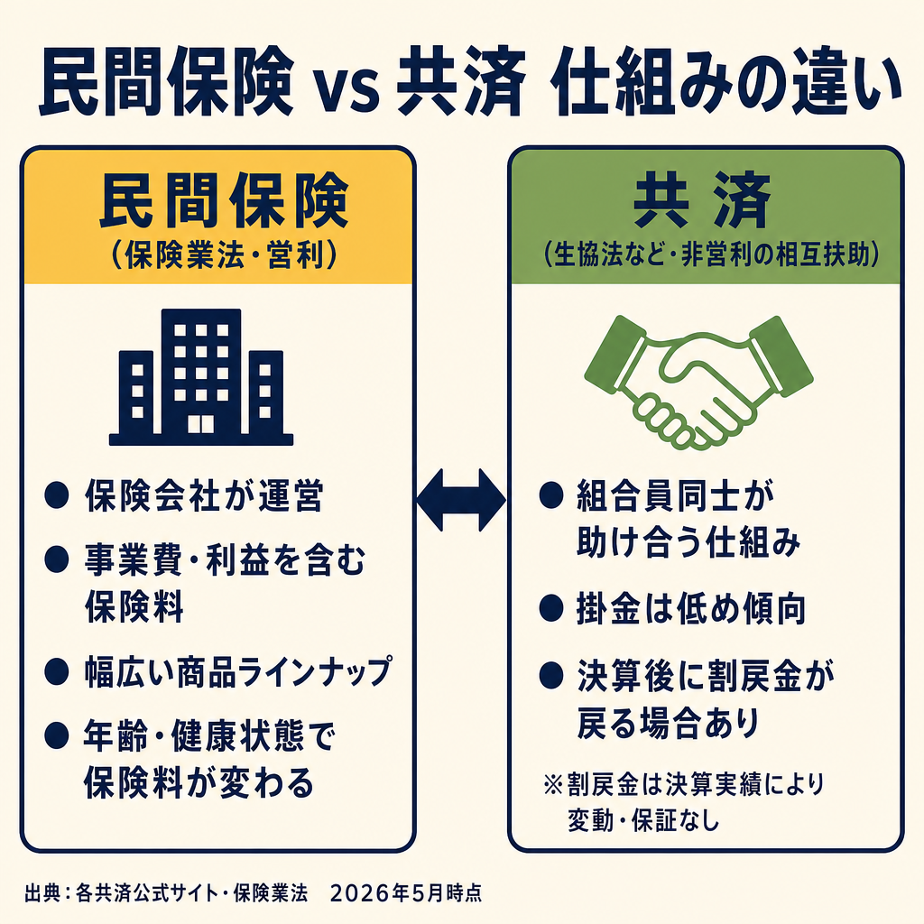 民間保険(保険業法)と共済(協同組合法)の仕組みを比較した概念図