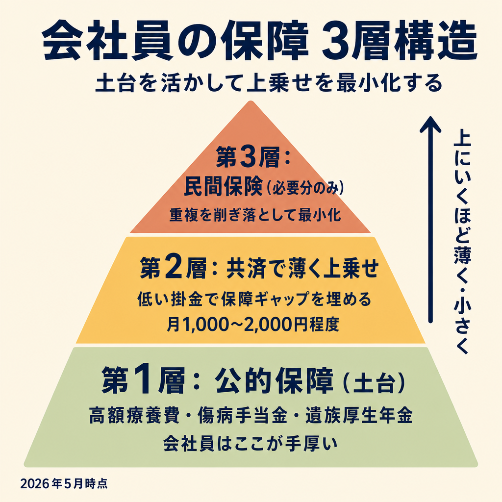 公的保障・共済・民間保険の重複レイヤーを示す図解