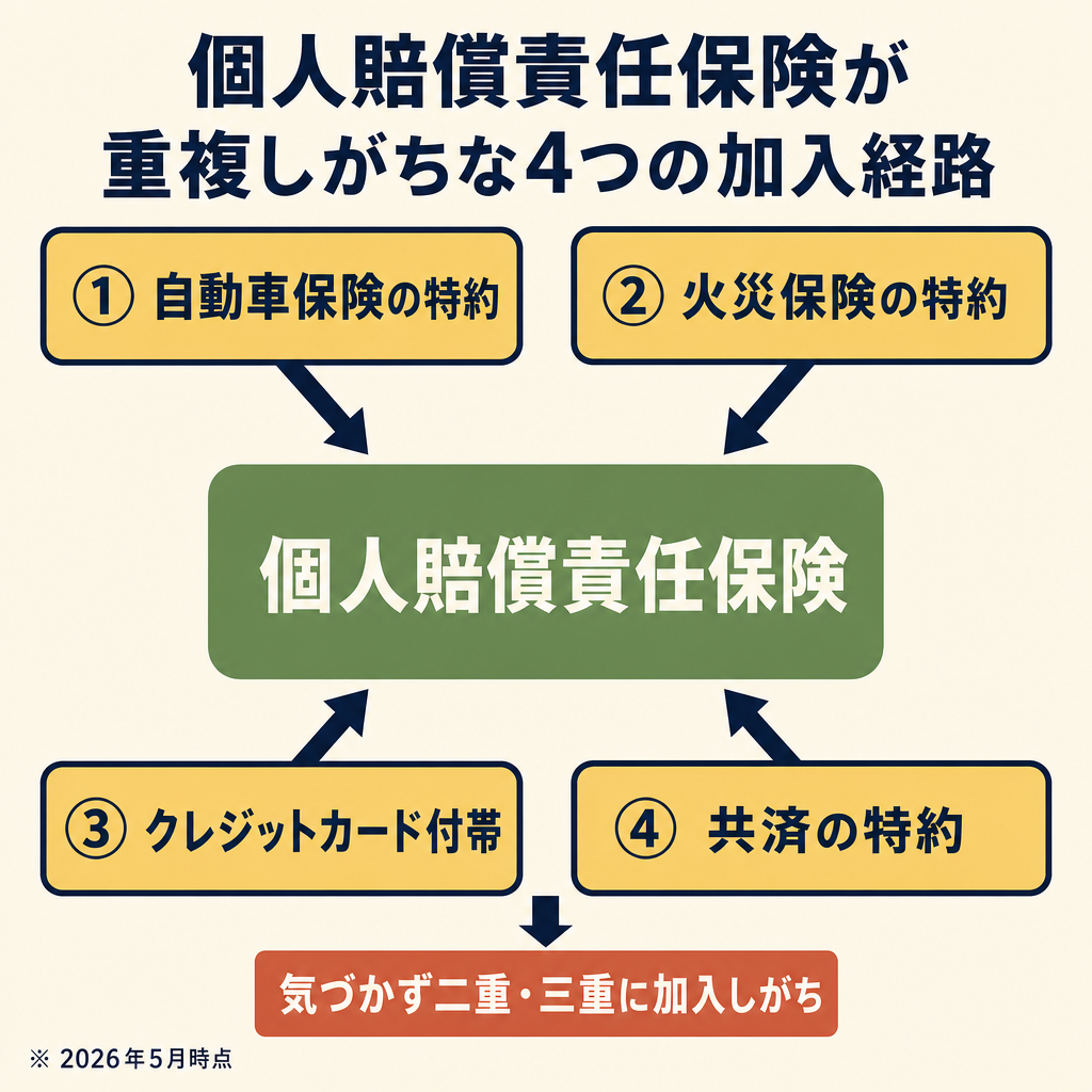 自動車保険・火災保険・クレカ・共済の4経路から個人賠償責任保険に矢印が集まる図