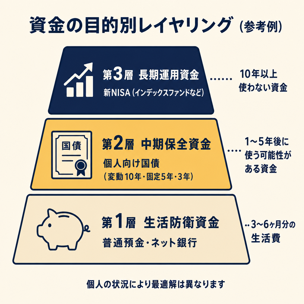 安全資産クラスタの役割分担を示す図(生活防衛資金・個人向け国債・新NISA)