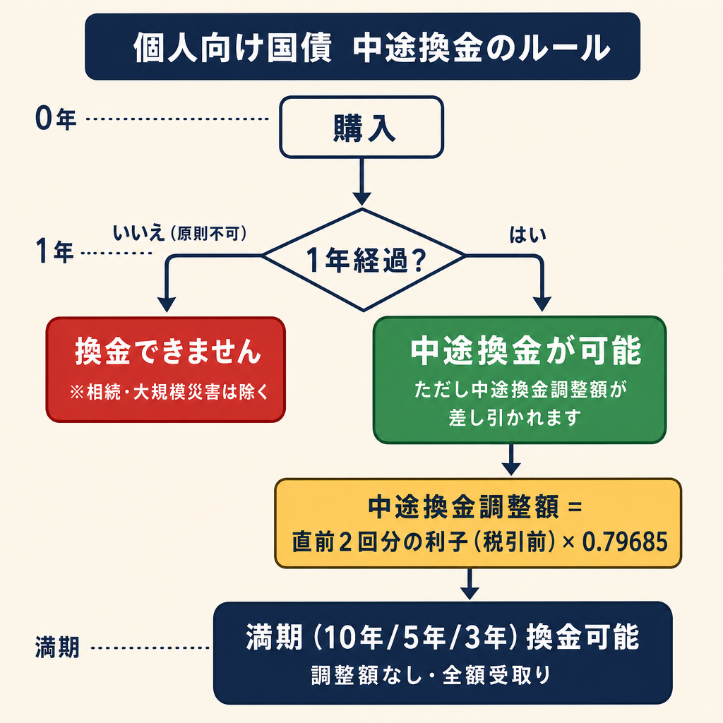 個人向け国債の中途換金ルールを示すフローチャート