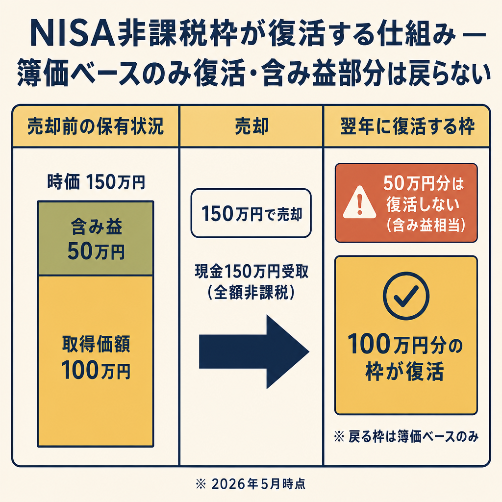 簿価ベースで枠が復活する仕組み（含み益部分は復活しない）