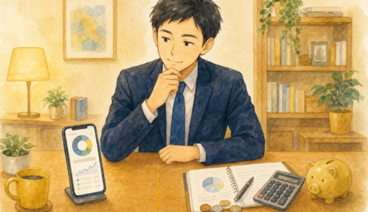 スマートフォンのロボアドアプリとノート・電卓を前に思案する紺スーツ姿の会社員のイラスト