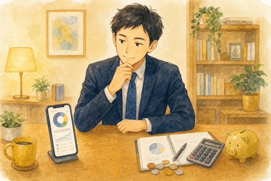 スマートフォンのロボアドアプリとノート・電卓を前に思案する紺スーツ姿の会社員のイラスト