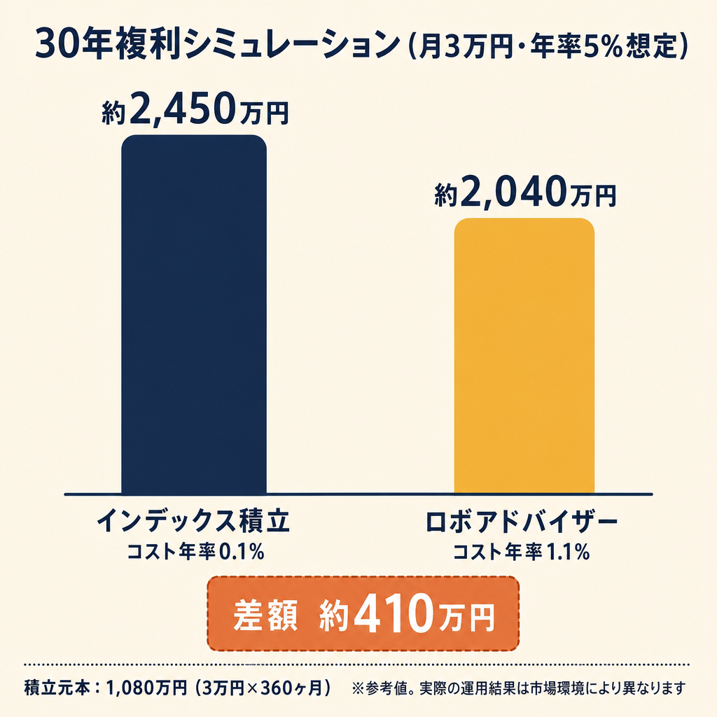 月3万円・年率5%想定で30年積立した場合の最終資産比較棒グラフ。インデックス積立(コスト0.1%)約2450万円とロボアドバイザー(コスト1.1%)約2040万円、差額約410万円を示す