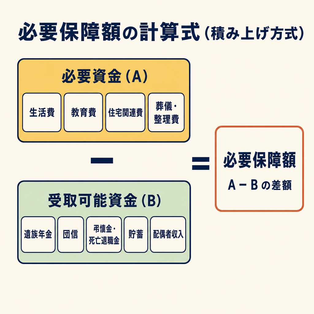 必要保障額の計算式フロー図（必要資金マイナス受取可能資金）