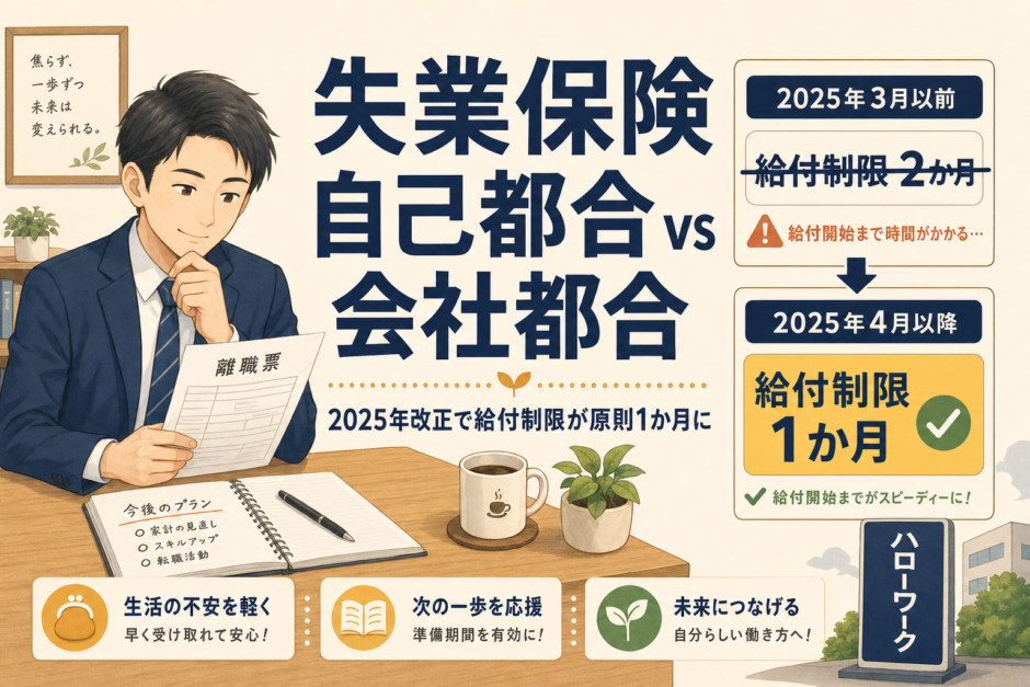 退職届と書類を前に失業保険（基本手当）の手続きを確認する会社員のイラスト