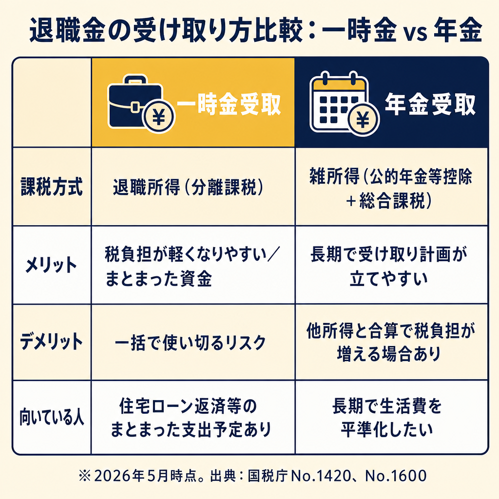 一時金受取と年金受取の税の違いを比較した図解