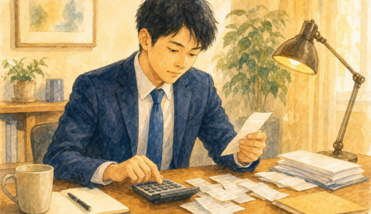 領収書と電卓を前に確定申告の書類を確認する会社員のイラスト