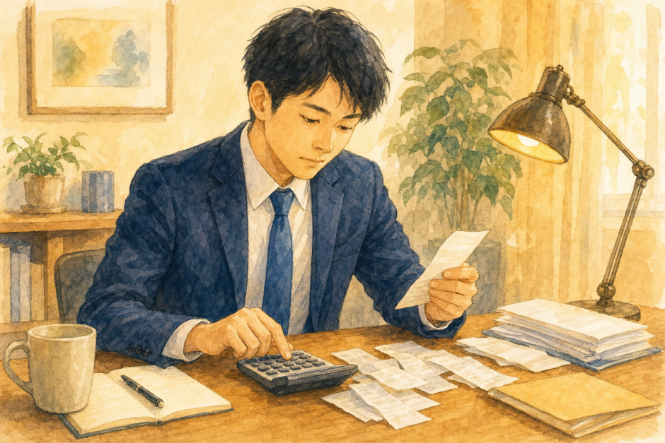 領収書と電卓を前に確定申告の書類を確認する会社員のイラスト