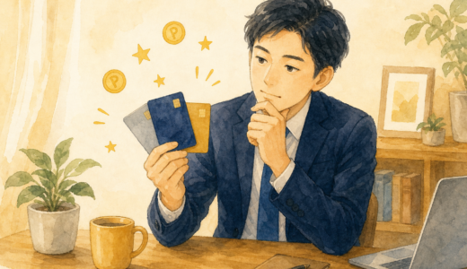 クレジットカードの選び方 — 複数のカードから自分に合う1枚を選ぶ会社員のイメージイラスト