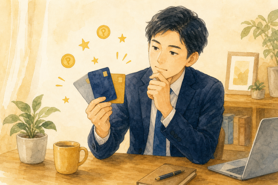 クレジットカードの選び方 — 複数のカードから自分に合う1枚を選ぶ会社員のイメージイラスト