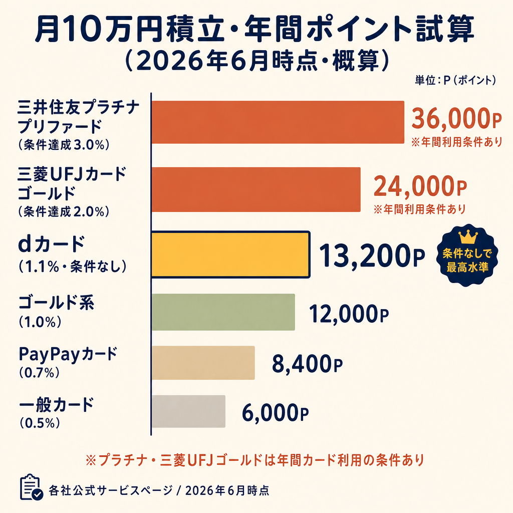 月10万円積立・年間獲得ポイント試算の棒グラフ。プラチナプリファード36,000ptがテラコッタで突出し、dカード13,200ptがモスグリーン、他の選択肢はマスタード色で表示。