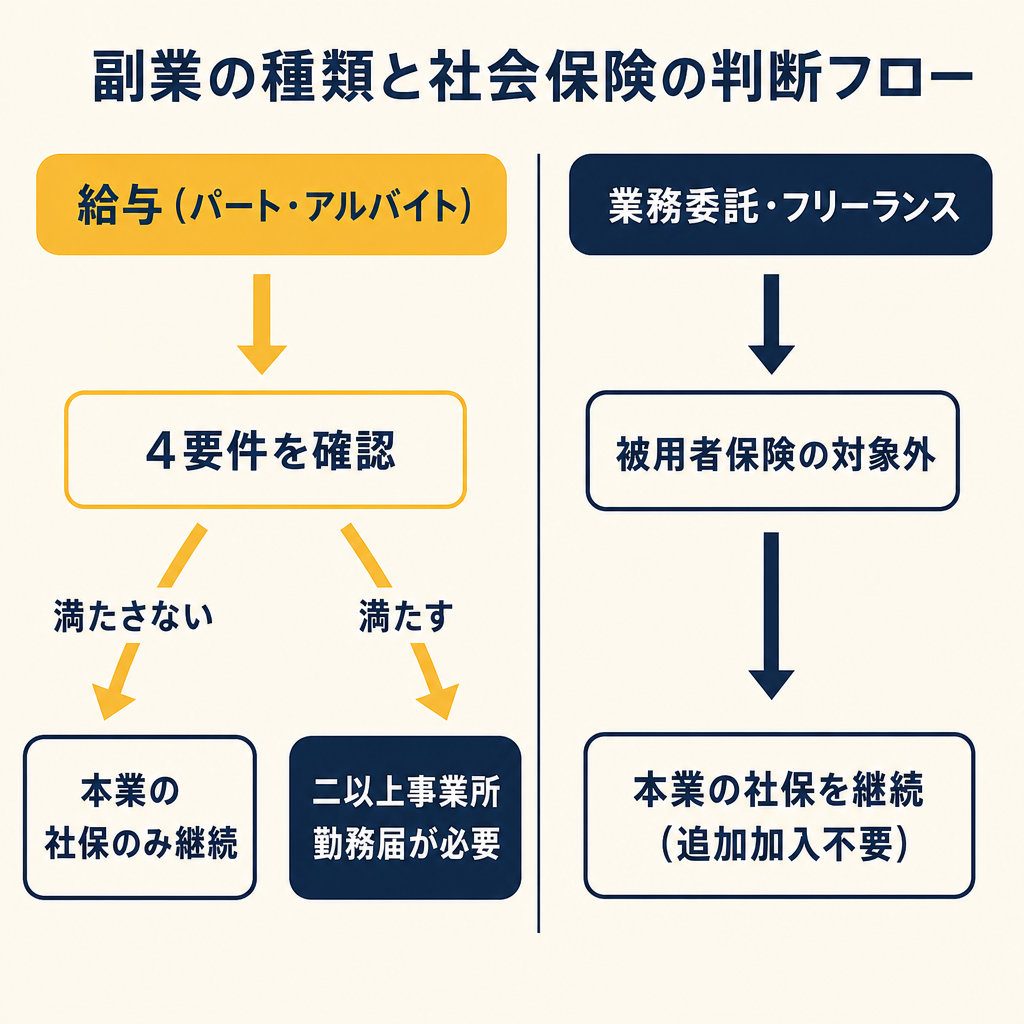 副業の種類別(給与/業務委託)社会保険の分岐フロー図