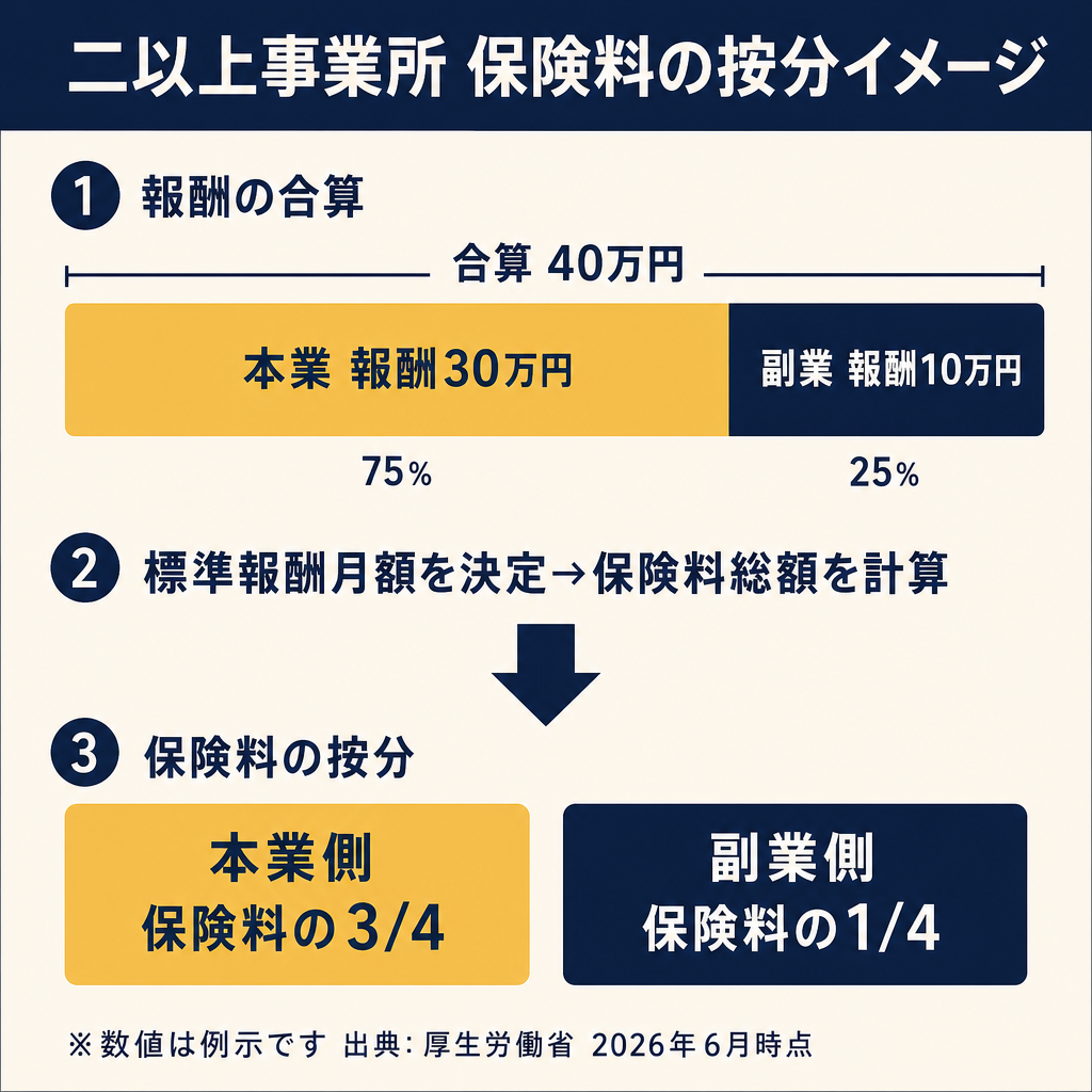 二以上事業所勤務の保険料按分イメージ(本業30万円+副業10万円)