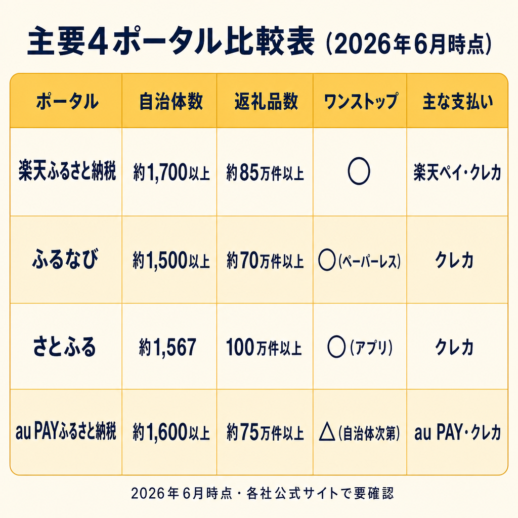 4大ふるさと納税ポータル比較表（楽天・ふるなび・さとふる・au PAY）2026年6月時点