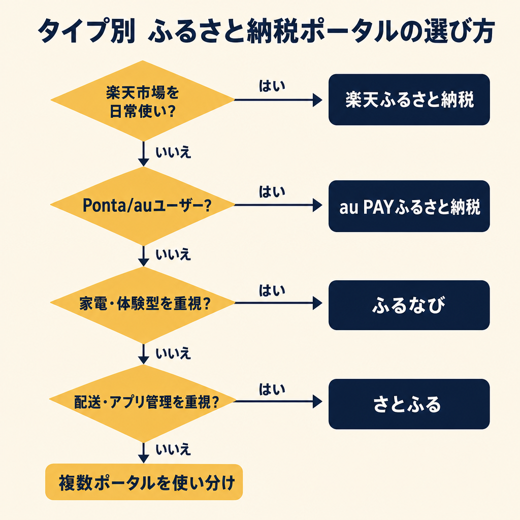 タイプ別ふるさと納税ポータルおすすめ選び方フローチャート