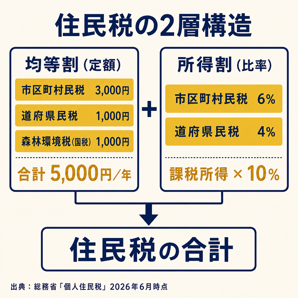住民税の2層構造インフォグラフィック。均等割(市区町村民税3,000円・道府県民税1,000円・森林環境税1,000円=合計5,000円)と所得割(課税所得×10%)の内訳図