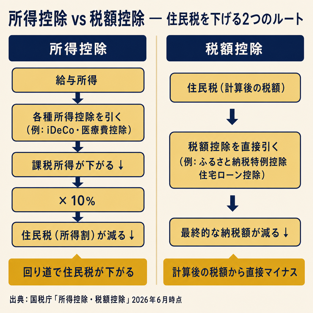 所得控除と税額控除の違いを示す2列対比図。左列に所得控除(iDeCo・医療費控除で課税所得が下がる)、右列に税額控除(ふるさと納税・住宅ローン控除で税額から直接引く)のフロー