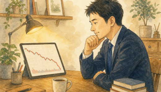 株価暴落との付き合い方 — 下落相場を前に落ち着いて構える会社員のイメージイラスト