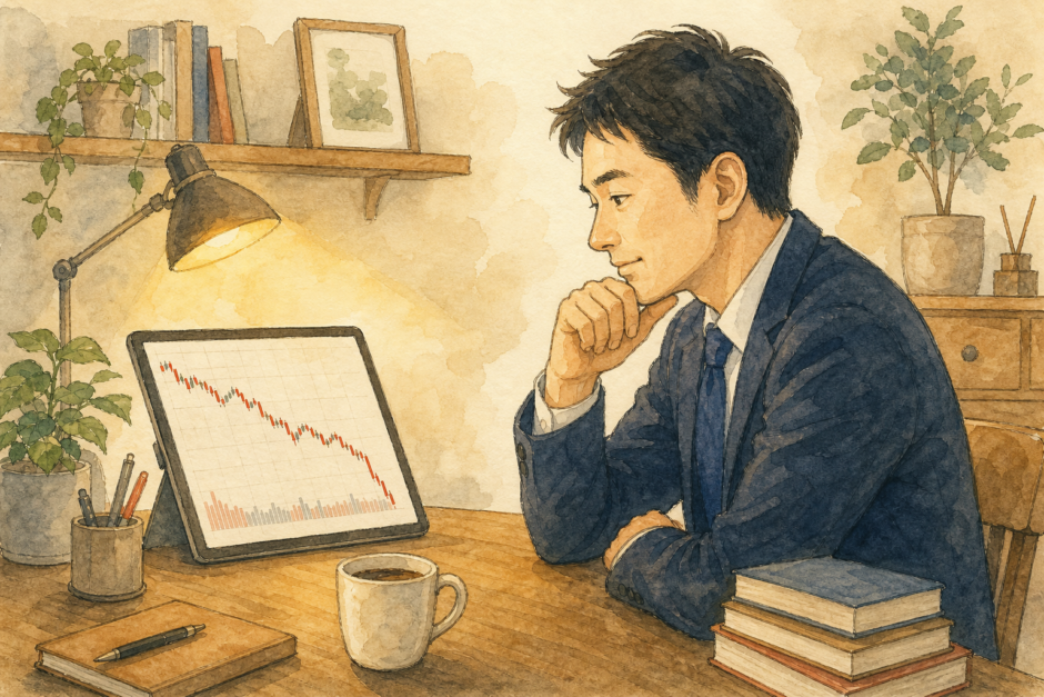 株価暴落との付き合い方 — 下落相場を前に落ち着いて構える会社員のイメージイラスト