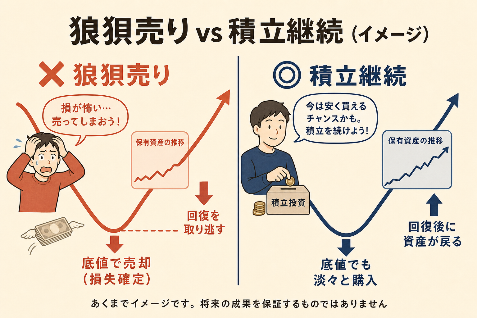 狼狽売りと積立継続の比較イメージ — 底で売ると回復を取り逃し、続けると回復局面を取りやすい