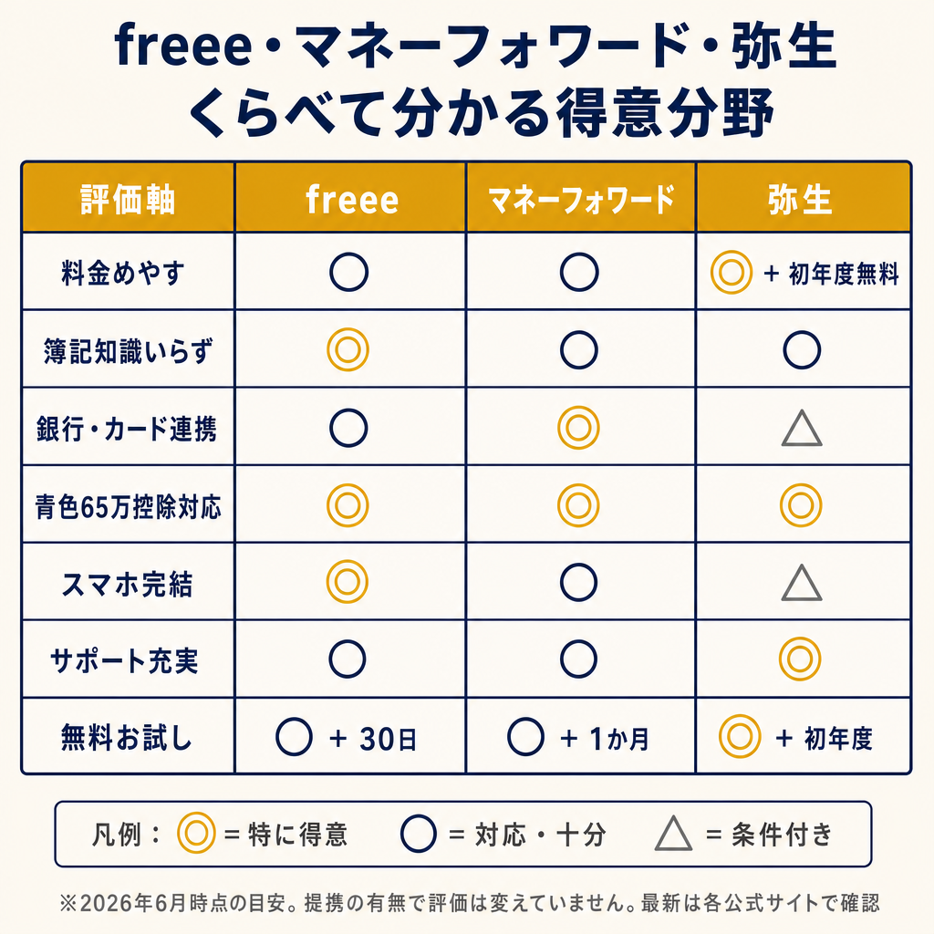 freee・マネーフォワード・弥生の得意分野を7項目で比較した表。◎○△の凡例付き