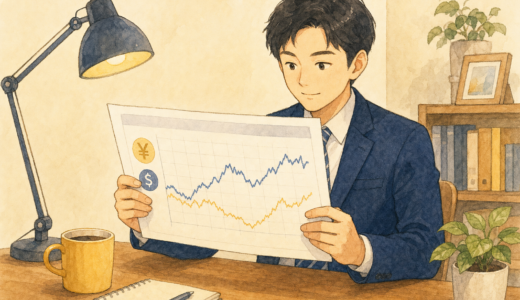 円とドルの為替・投資信託の資料を両手で見ている紺スーツの会社員のイラスト