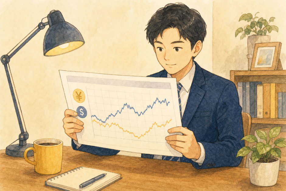 円とドルの為替・投資信託の資料を両手で見ている紺スーツの会社員のイラスト