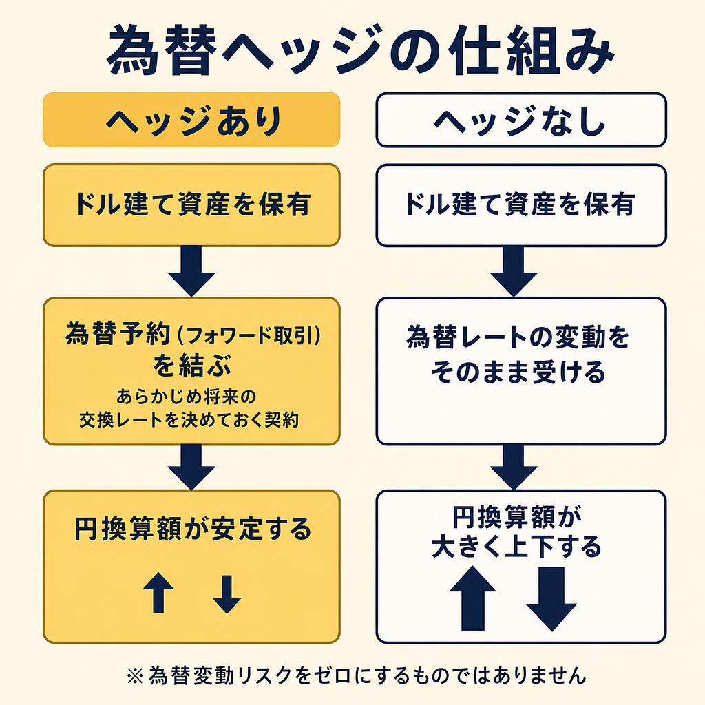 為替ヘッジあり（為替予約で円換算額を安定させる）とヘッジなし（為替変動をそのまま受ける）の仕組みを対比したフロー図