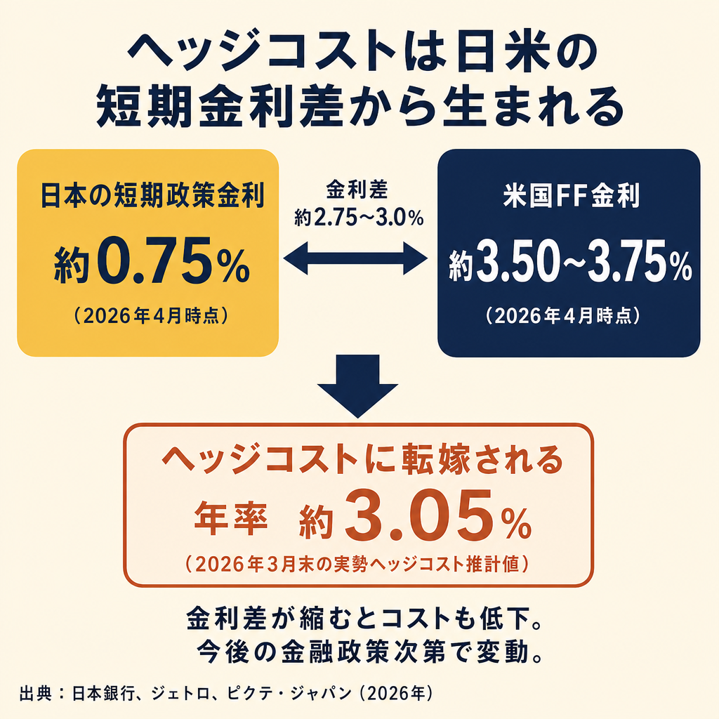 日本の短期政策金利（約0.75%）と米国FF金利（約3.50〜3.75%）の差がヘッジコスト（年率約3.05%）に転嫁される構造図（2026年4月時点）