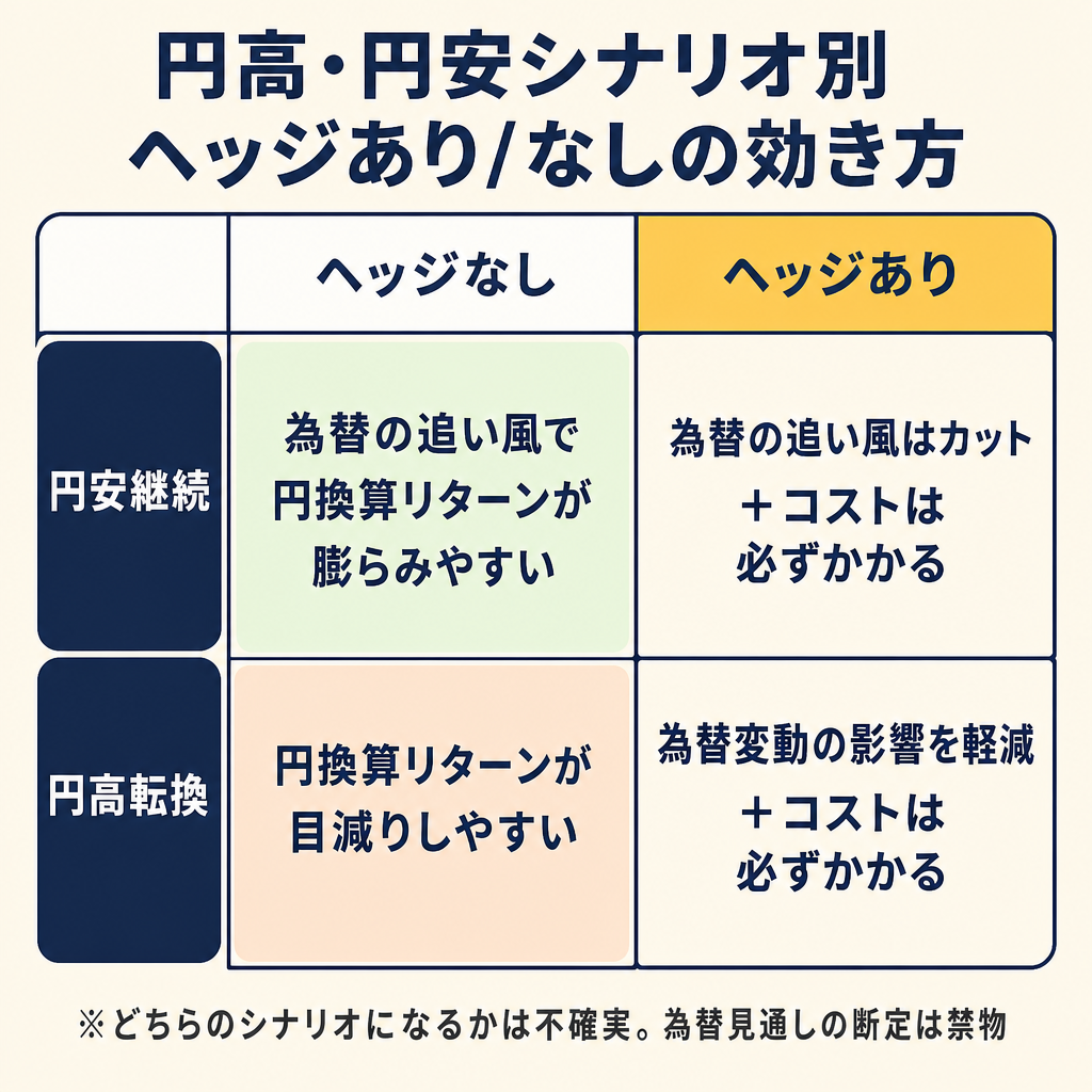 円安継続・円高転換の2シナリオ×ヘッジなし・ヘッジありの効き方を示した2×2マトリクス図