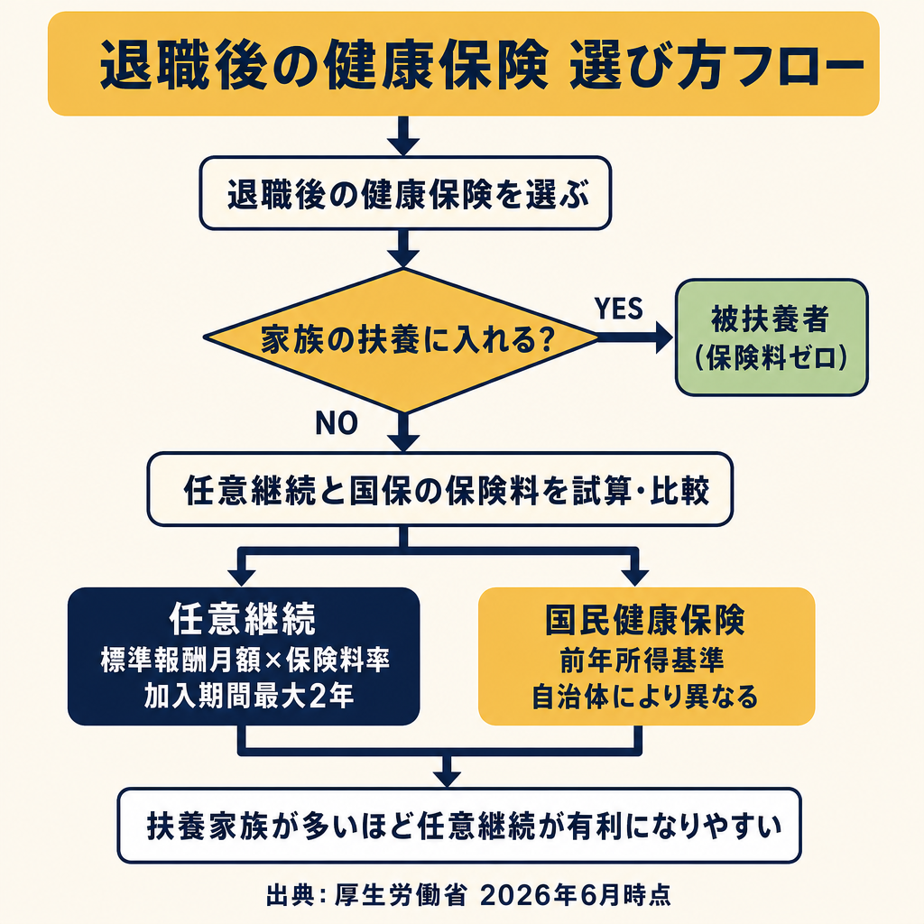退職後の健康保険選び方フローチャート。扶養に入れる場合は被扶養者(保険料ゼロ)、入れない場合は任意継続と国保を試算比較する判断ツリー