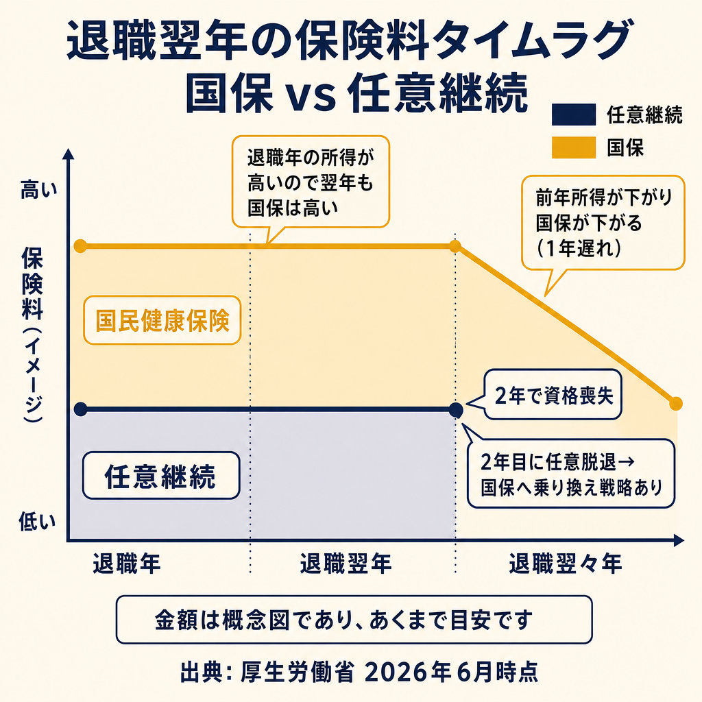 退職年から退職翌々年にかけての国保(マスタード線)と任意継続(ネイビー線)の保険料推移。国保は前年所得基準で1年遅れて下がり、任意継続は2年で資格喪失することを示す時系列図