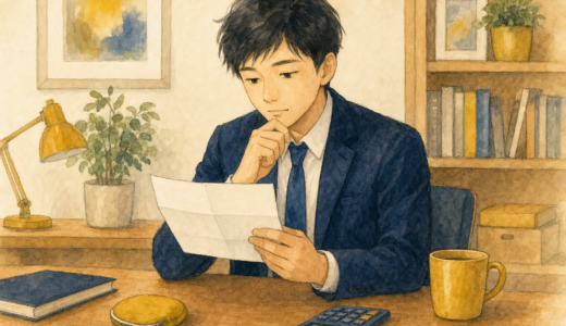 給与明細の見方 — 控除の中身を確認する会社員のイメージイラスト