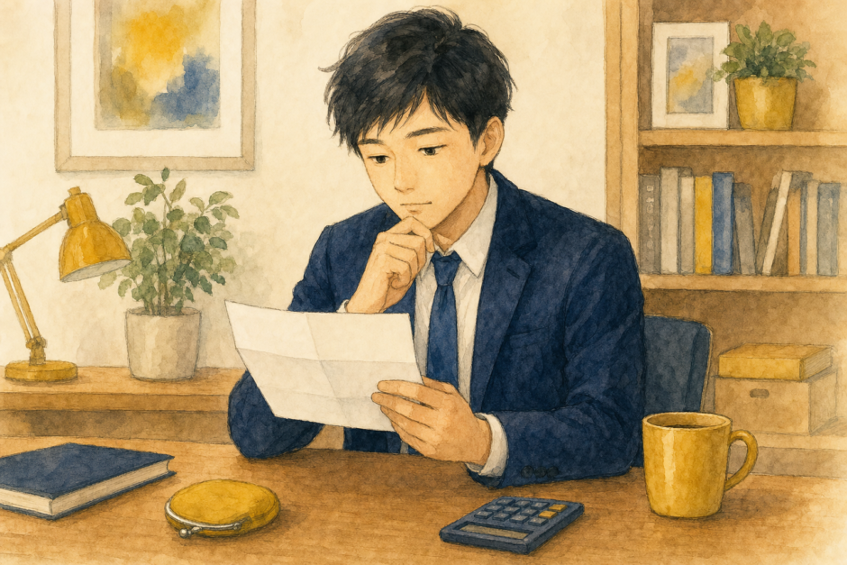 給与明細の見方 — 控除の中身を確認する会社員のイメージイラスト