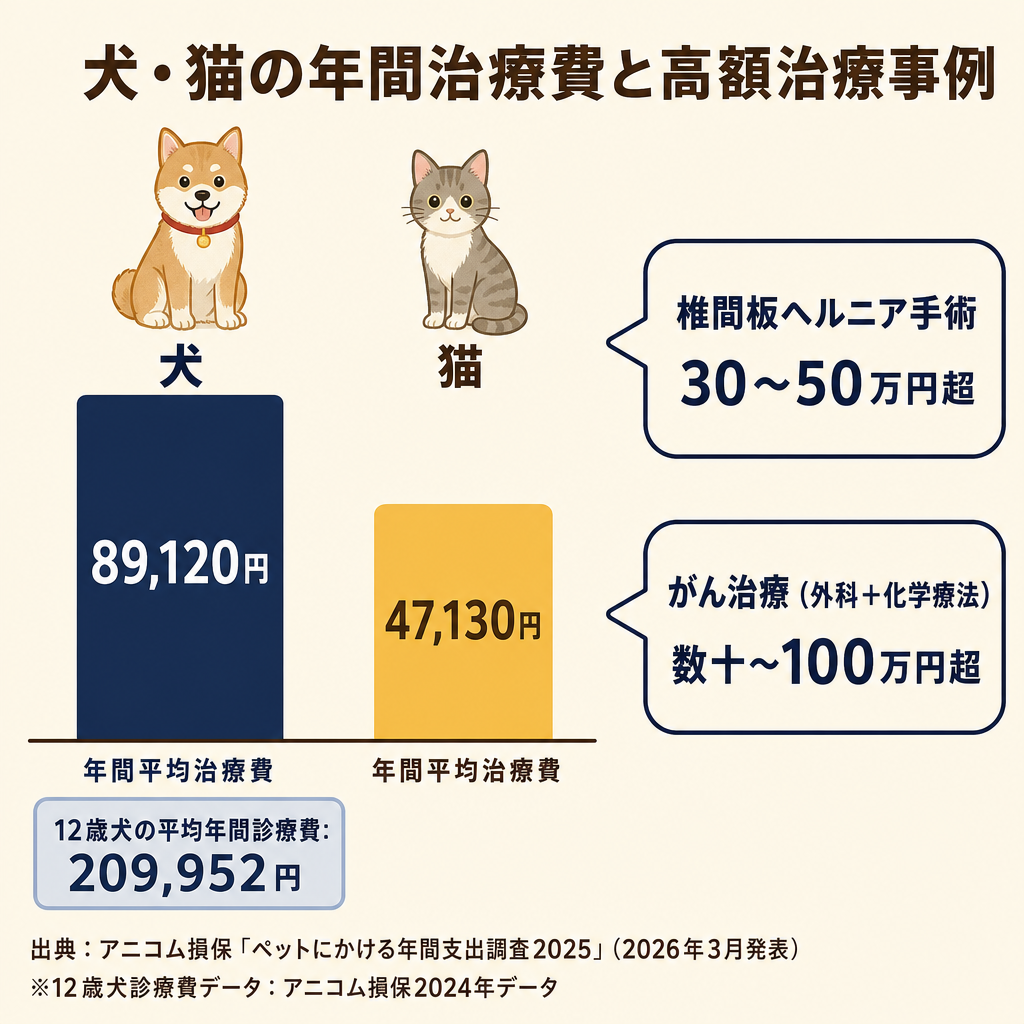 犬の年間治療費平均89,120円・猫47,130円の棒グラフと、椎間板ヘルニア手術30〜50万円超・がん治療100万円超の高額事例を示すインフォグラフィック