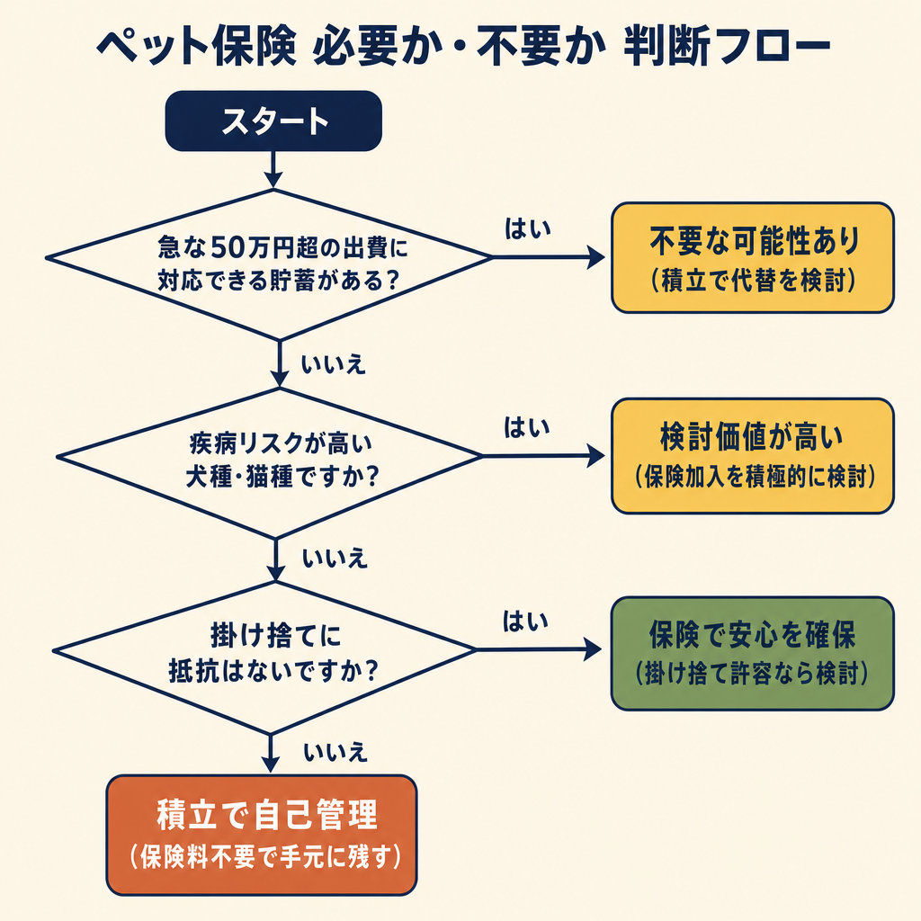 貯蓄・犬種猫種リスク・掛け捨て許容度の3分岐でペット保険が必要か不要かを判定する縦型フローチャート