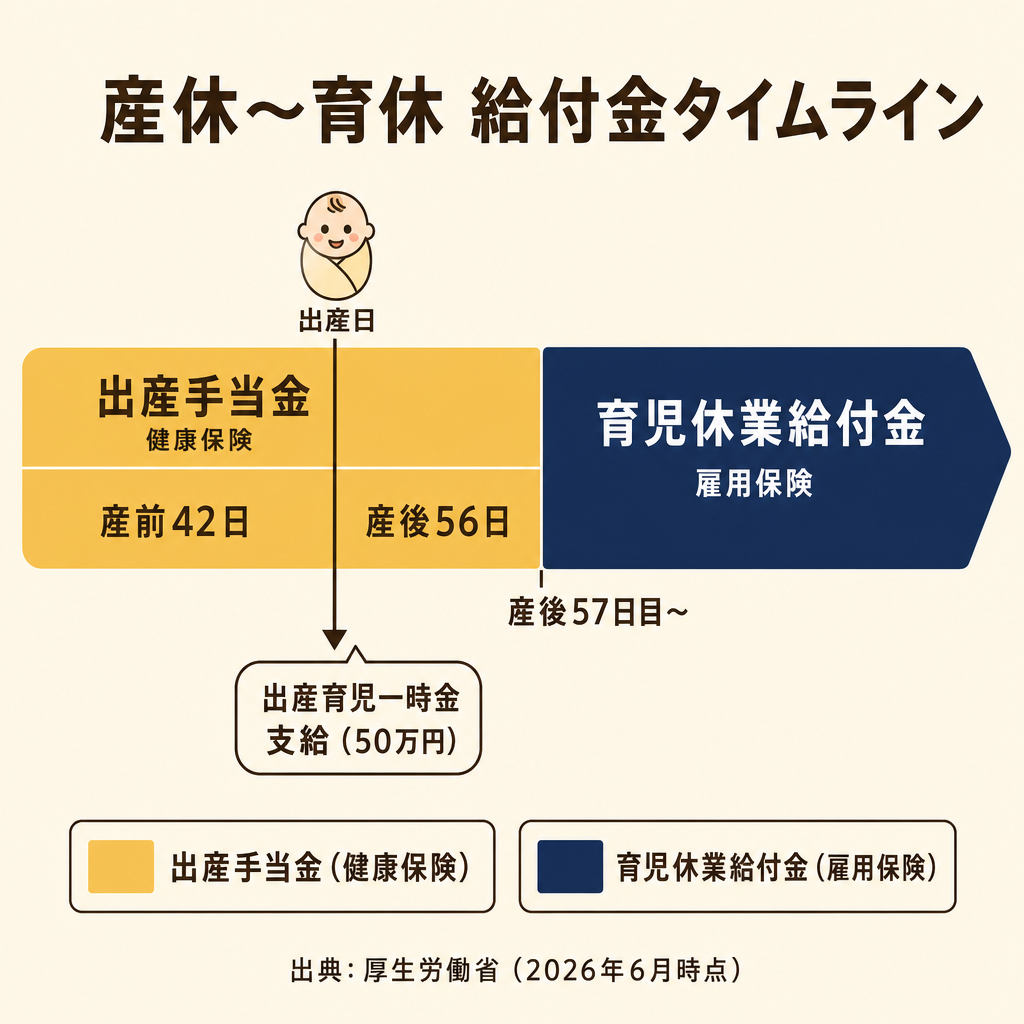 産前42日・出産日・産後56日・産後57日目から育児休業給付金切り替えまでを色分けしたタイムライン図