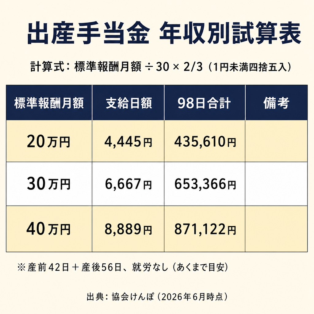 標準報酬月額20万円・30万円・40万円別の出産手当金 支給日額と98日合計の試算表