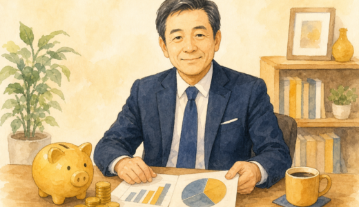 木製デスクの前で資産配分チャートと貯金箱を眺める50代の紺スーツ会社員のイラスト