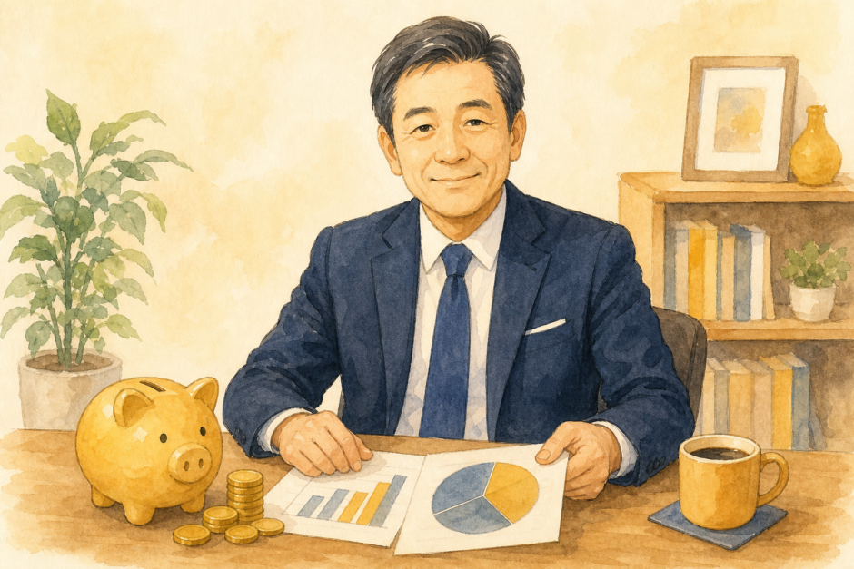 木製デスクの前で資産配分チャートと貯金箱を眺める50代の紺スーツ会社員のイラスト