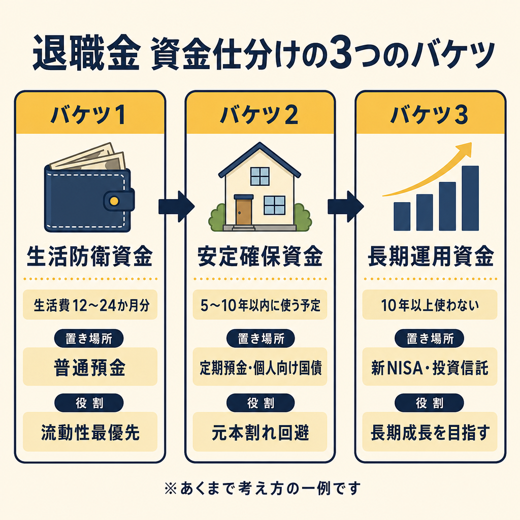 退職金を3つのバケツ(生活防衛資金・安定確保資金・長期運用資金)に仕分けするフロー図