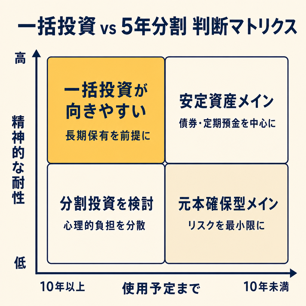 精神的耐性と使用予定期間の2軸で一括投資か分割投資かを判断する4象限マトリクス図
